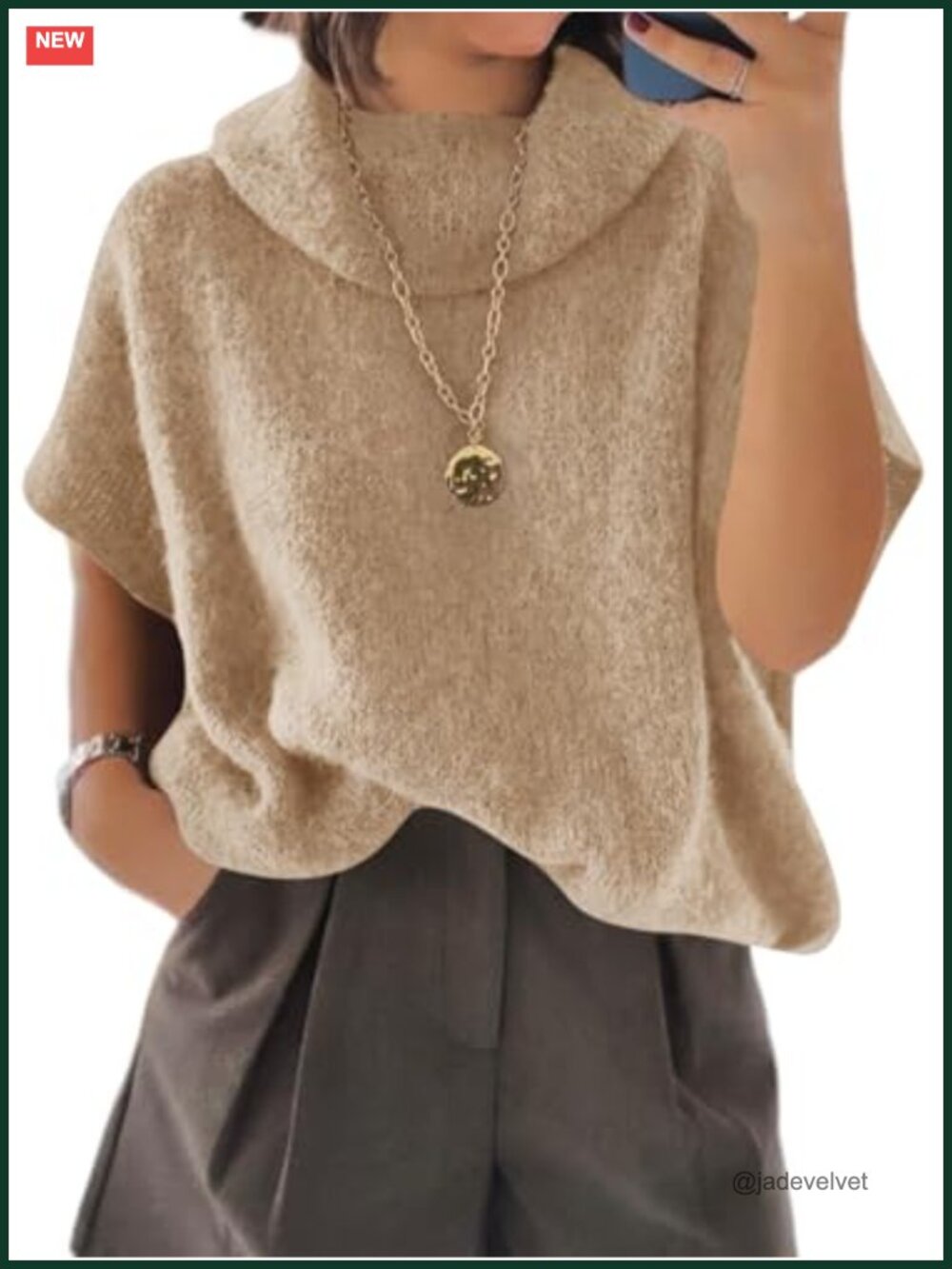 Oversized Turtleneck Chunky Knit Poncho Sweater Short Sleeve Pullover